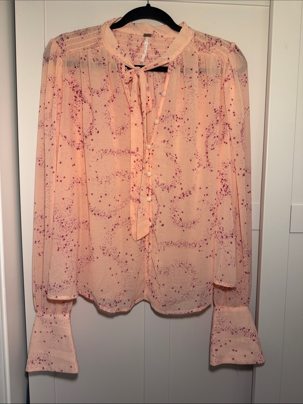 Free People Peach Star-Print Tie-Neck Blouse